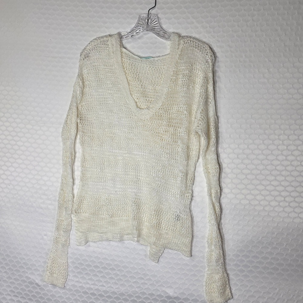 Maurices Cream Open Knit Hooded Sweater Womens Medium V-Neck Crochet Boho